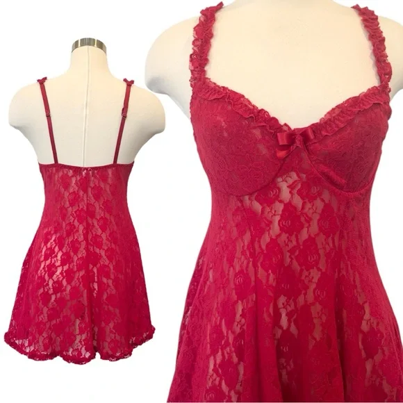 Cinema Etoile Cherry Red Stretch Lace Fit & Flare Babydoll Nightie Slip Dress M